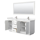 Miranda 72 Inch Double Bathroom Vanity in White, Carrara Cultured Marble Countertop, Undermount Square Sinks, Brushed Nickel Trim, 70 Inch Mirror