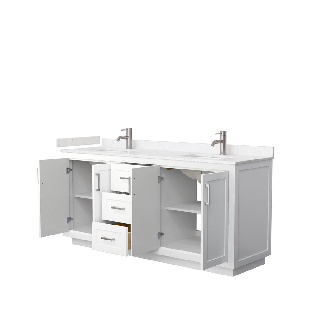 Miranda 72 Inch Double Bathroom Vanity in White, Carrara Cultured Marble Countertop, Undermount Square Sinks, Brushed Nickel Trim