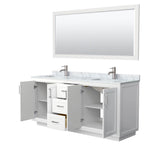 Miranda 72 Inch Double Bathroom Vanity in White, White Carrara Marble Countertop, Undermount Square Sinks, Brushed Nickel Trim, 70 Inch Mirror