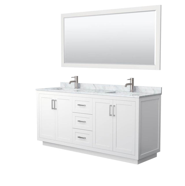 Wyndham Collection - Miranda 72 Inch Double Bathroom Vanity in White, White Carrara Marble Countertop, Undermount Square Sinks, Brushed Nickel Trim, 70 Inch Mirror