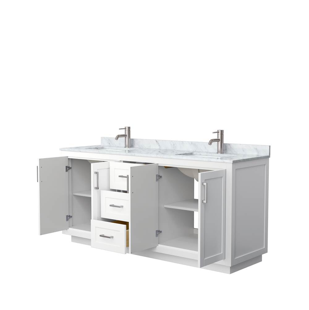 Miranda 72 Inch Double Bathroom Vanity in White, White Carrara Marble Countertop, Undermount Square Sinks, Brushed Nickel Trim