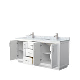Miranda 72 Inch Double Bathroom Vanity in White, White Carrara Marble Countertop, Undermount Square Sinks, Brushed Nickel Trim