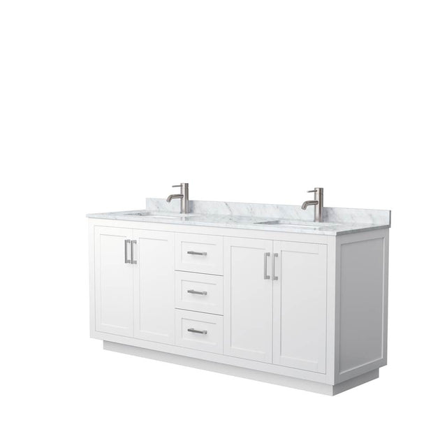 Wyndham Collection - Miranda 72 Inch Double Bathroom Vanity in White, White Carrara Marble Countertop, Undermount Square Sinks, Brushed Nickel Trim