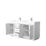 Miranda 72 Inch Double Bathroom Vanity in White, 4 Inch Thick Matte White Solid Surface Countertop, Integrated Sinks, Brushed Nickel Trim