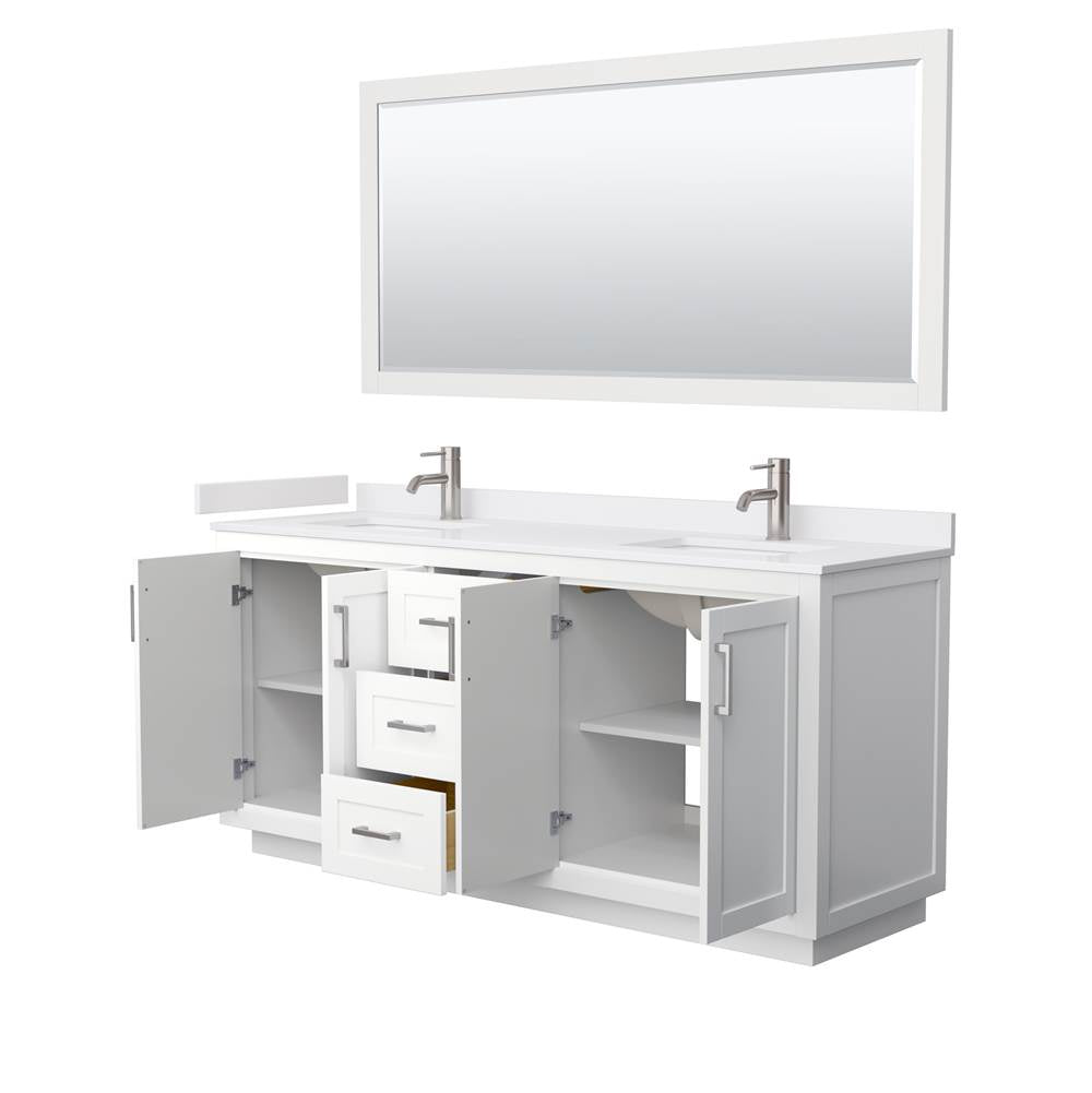 Miranda 72 Inch Double Bathroom Vanity in White, White Cultured Marble Countertop, Undermount Square Sinks, Brushed Nickel Trim, 70 Inch Mirror