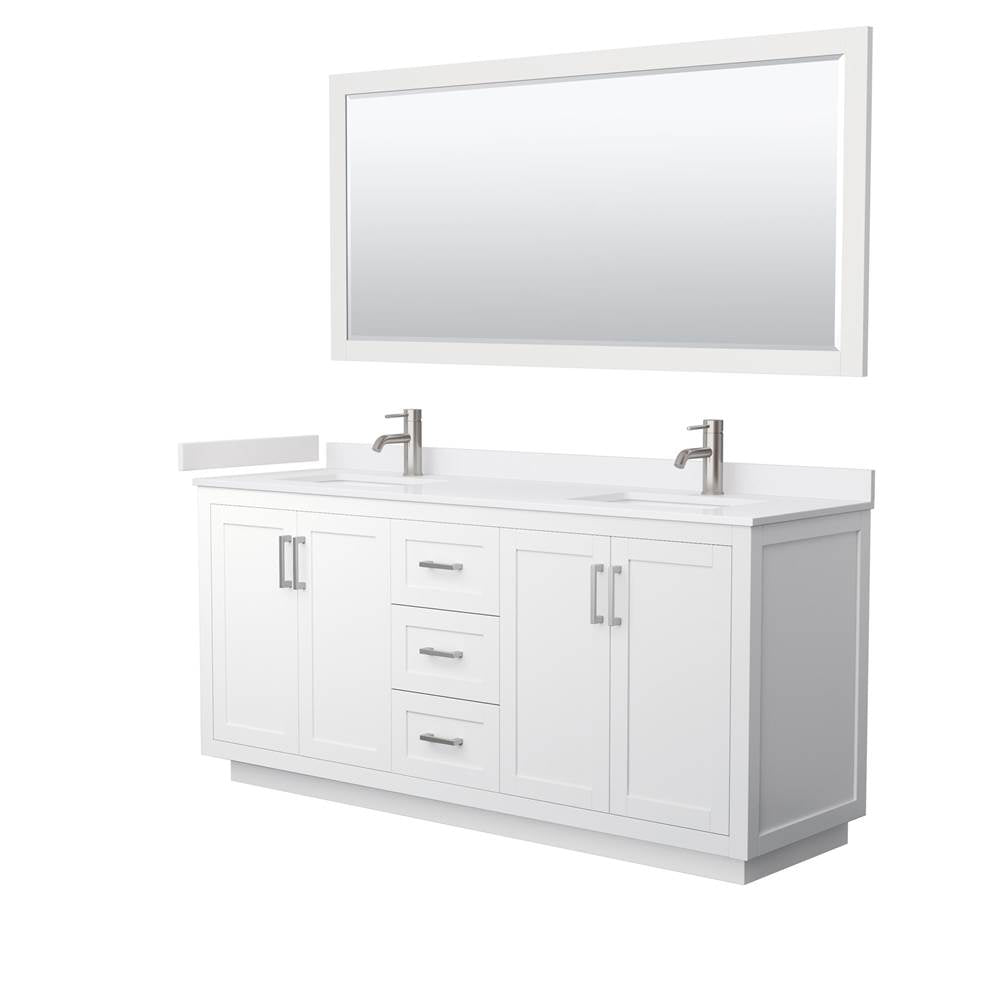 Wyndham Collection - Miranda 72 Inch Double Bathroom Vanity in White, White Cultured Marble Countertop, Undermount Square Sinks, Brushed Nickel Trim, 70 Inch Mirror