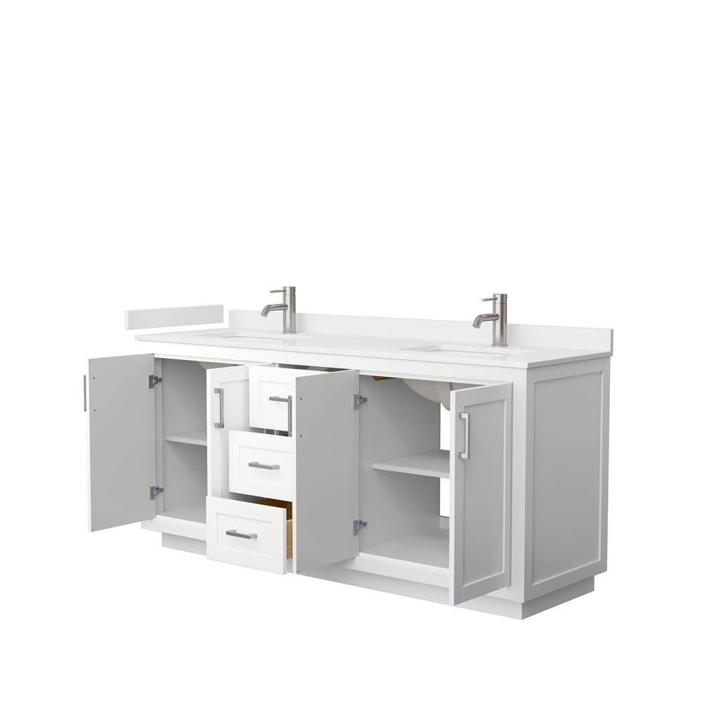 Miranda 72 Inch Double Bathroom Vanity in White, White Cultured Marble Countertop, Undermount Square Sinks, Brushed Nickel Trim