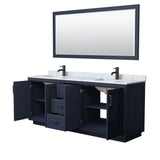 Miranda 80 Inch Double Bathroom Vanity in Dark Blue, White Carrara Marble Countertop, Undermount Square Sinks, Matte Black Trim, 70 Inch Mirror