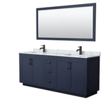 Wyndham Collection - Miranda 80 Inch Double Bathroom Vanity in Dark Blue, White Carrara Marble Countertop, Undermount Square Sinks, Matte Black Trim, 70 Inch Mirror