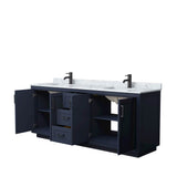 Miranda 80 Inch Double Bathroom Vanity in Dark Blue, White Carrara Marble Countertop, Undermount Square Sinks, Matte Black Trim