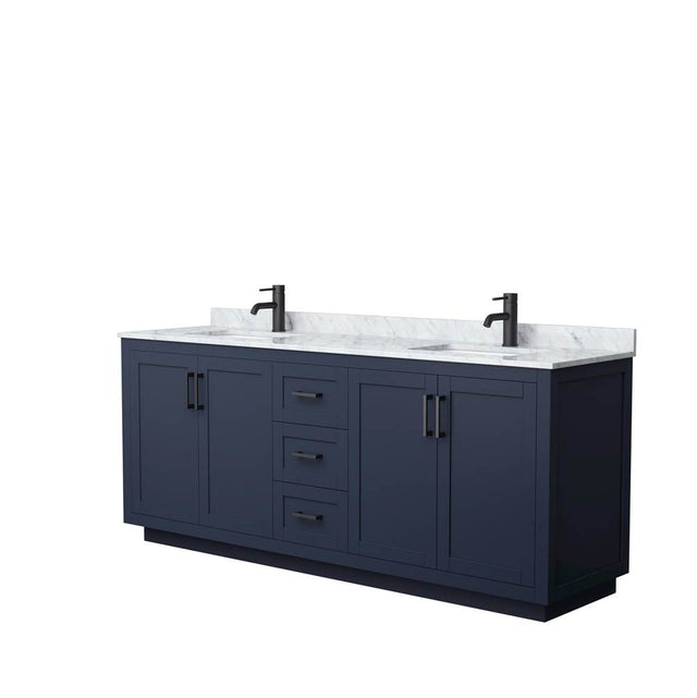 Wyndham Collection - Miranda 80 Inch Double Bathroom Vanity in Dark Blue, White Carrara Marble Countertop, Undermount Square Sinks, Matte Black Trim