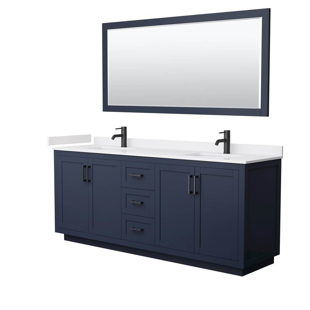 Wyndham Collection - Miranda 80 Inch Double Bathroom Vanity in Dark Blue, White Cultured Marble Countertop, Undermount Square Sinks, Matte Black Trim, 70 Inch Mirror