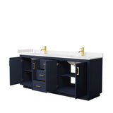 Miranda 80 Inch Double Bathroom Vanity in Dark Blue, Light-Vein Carrara Cultured Marble Countertop, Undermount Square Sinks, Brushed Gold Trim