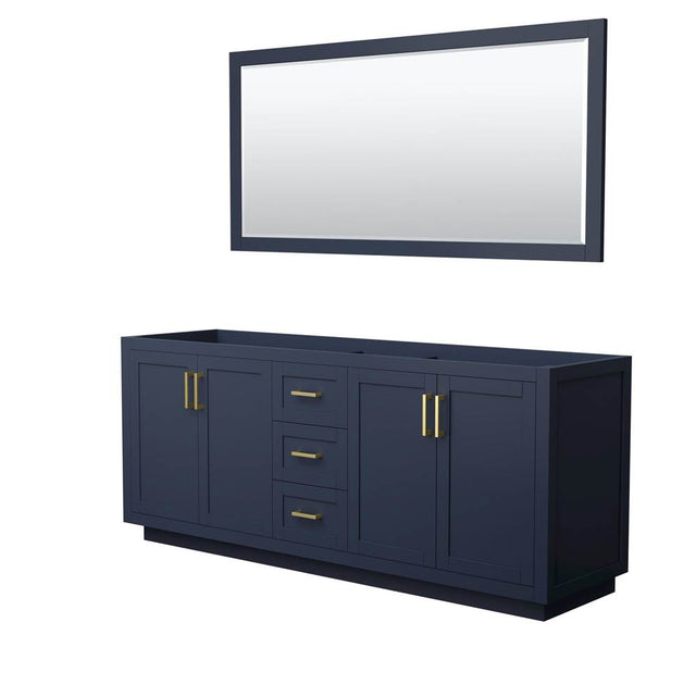 Wyndham Collection - Miranda 80 Inch Double Bathroom Vanity in Dark Blue, No Countertop, No Sink, Brushed Gold Trim, 70 Inch Mirror