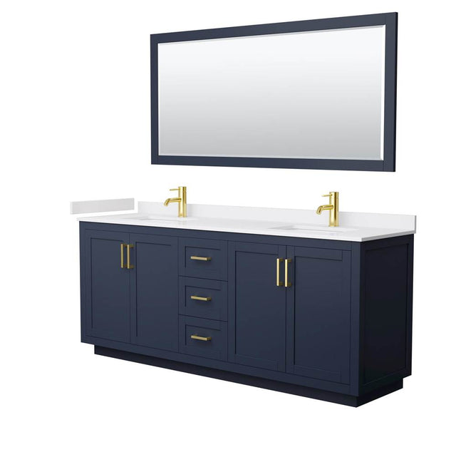 Wyndham Collection - Miranda 80 Inch Double Bathroom Vanity in Dark Blue, White Cultured Marble Countertop, Undermount Square Sinks, Brushed Gold Trim, 70 Inch Mirror
