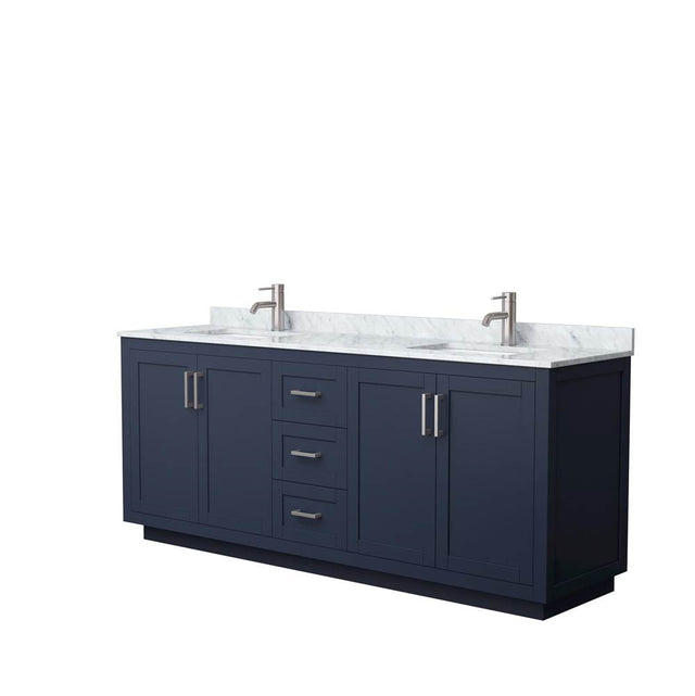 Wyndham Collection - Miranda 80 Inch Double Bathroom Vanity in Dark Blue, White Carrara Marble Countertop, Undermount Square Sinks, Brushed Nickel Trim
