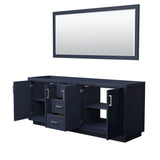 Miranda 80 Inch Double Bathroom Vanity in Dark Blue, No Countertop, No Sink, Brushed Nickel Trim, 70 Inch Mirror
