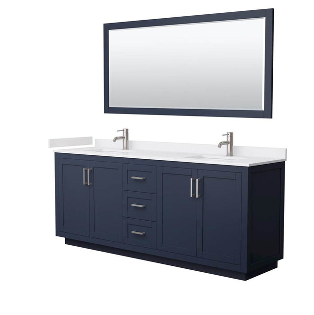 Wyndham Collection - Miranda 80 Inch Double Bathroom Vanity in Dark Blue, White Cultured Marble Countertop, Undermount Square Sinks, Brushed Nickel Trim, 70 Inch Mirror