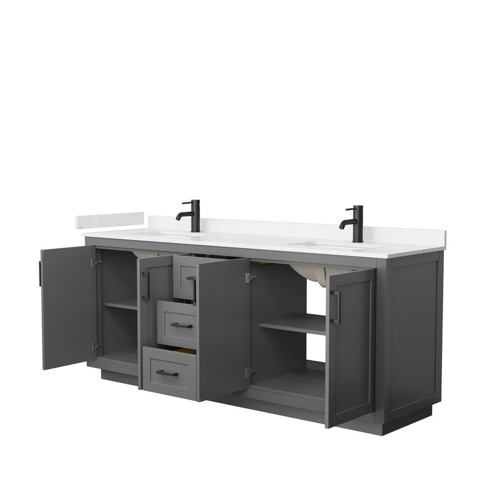Miranda 80 Inch Double Bathroom Vanity in Dark Gray, Light-Vein Carrara Cultured Marble Countertop, Undermount Square Sinks, Matte Black Trim