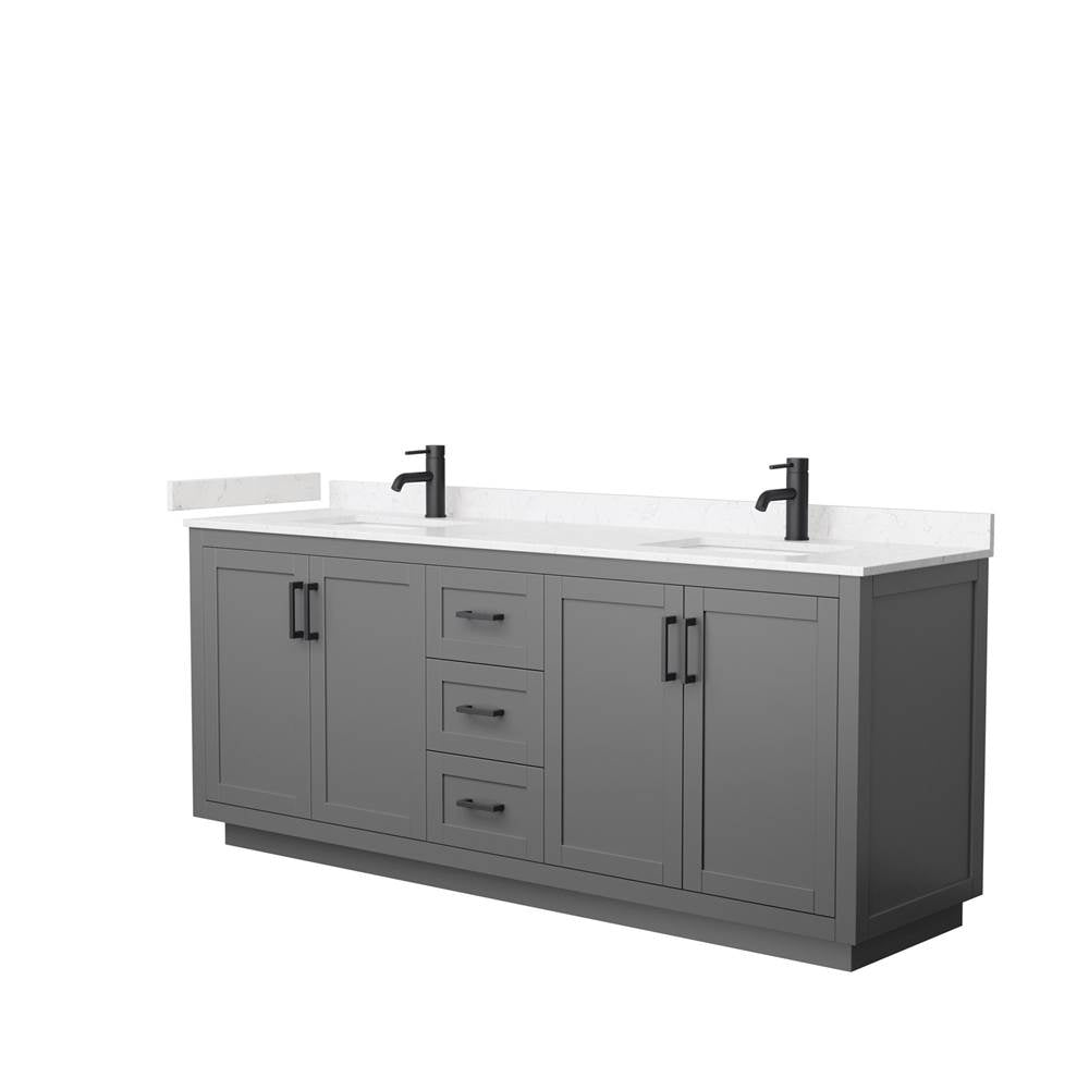 Wyndham Collection - Miranda 80 Inch Double Bathroom Vanity in Dark Gray, Light-Vein Carrara Cultured Marble Countertop, Undermount Square Sinks, Matte Black Trim
