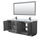 Miranda 80 Inch Double Bathroom Vanity in Dark Gray, White Carrara Marble Countertop, Undermount Square Sinks, Matte Black Trim, 70 Inch Mirror