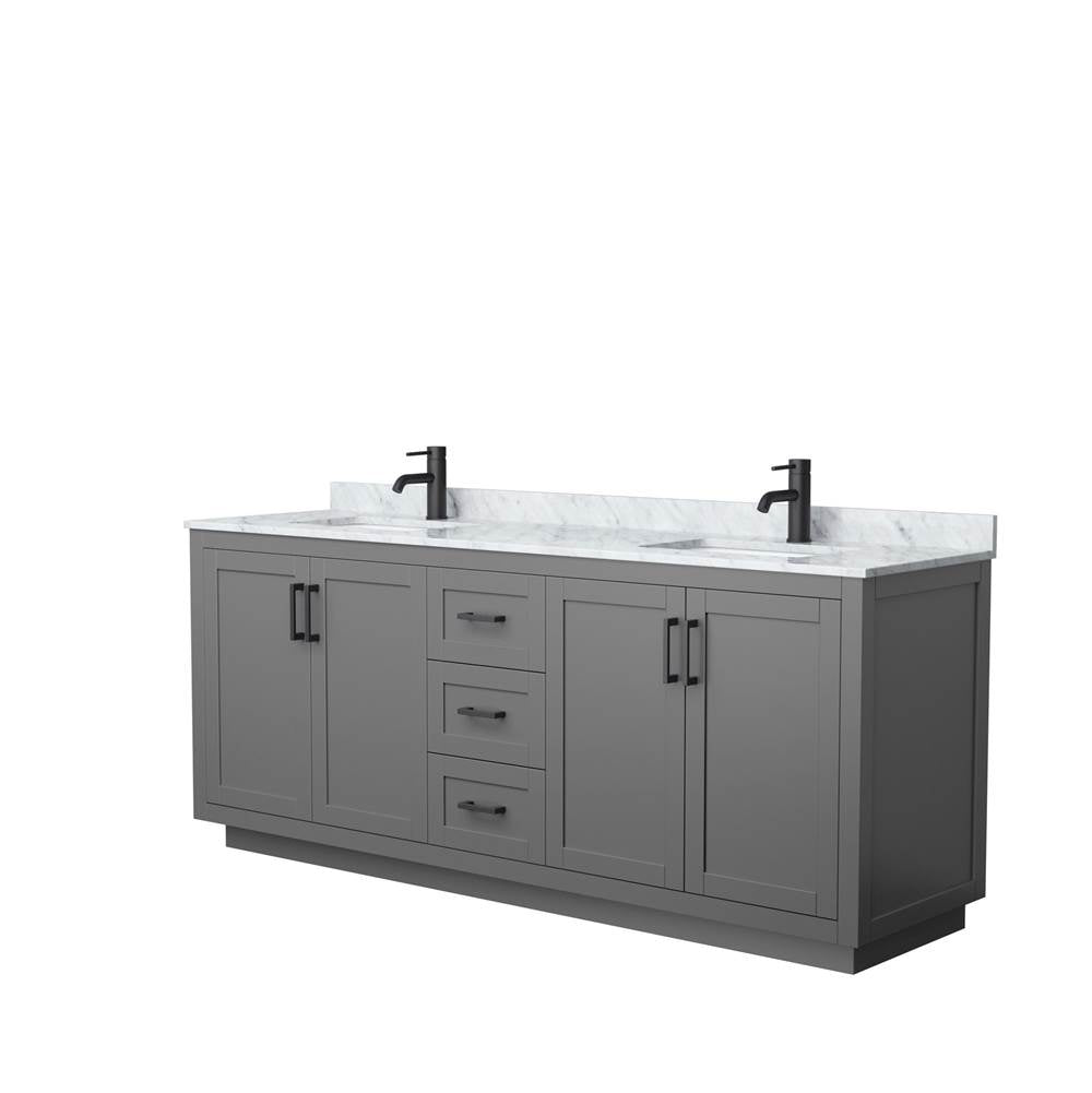 Wyndham Collection - Miranda 80 Inch Double Bathroom Vanity in Dark Gray, White Carrara Marble Countertop, Undermount Square Sinks, Matte Black Trim