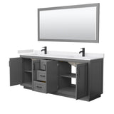 Miranda 80 Inch Double Bathroom Vanity in Dark Gray, White Cultured Marble Countertop, Undermount Square Sinks, Matte Black Trim, 70 Inch Mirror