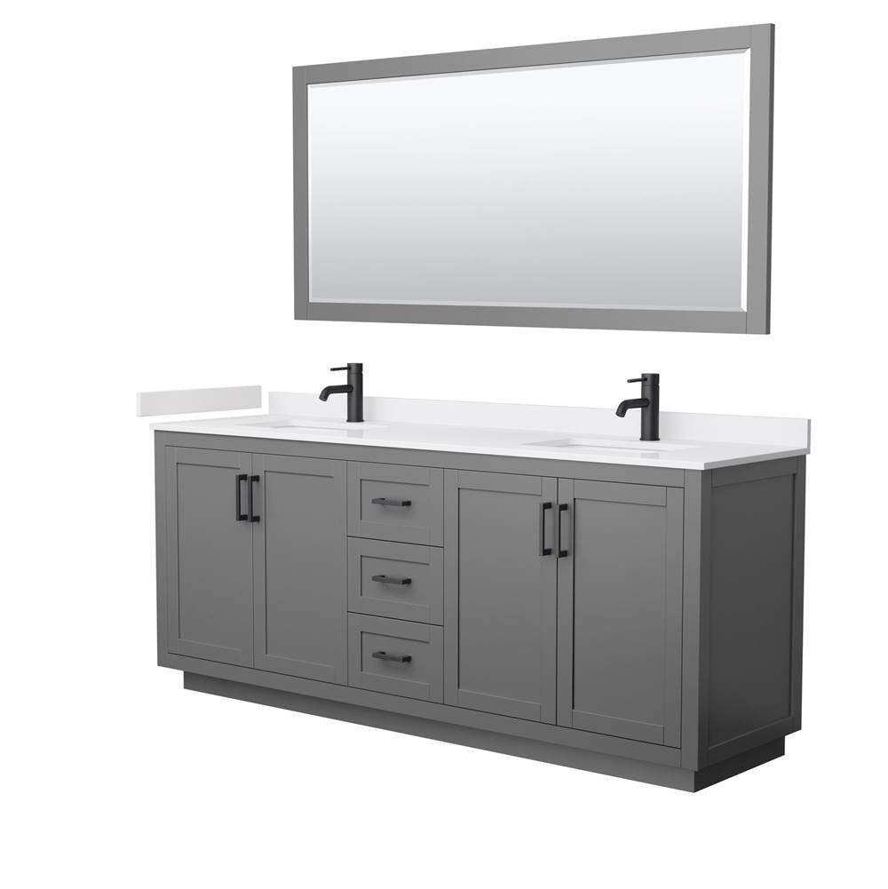 Wyndham Collection - Miranda 80 Inch Double Bathroom Vanity in Dark Gray, White Cultured Marble Countertop, Undermount Square Sinks, Matte Black Trim, 70 Inch Mirror