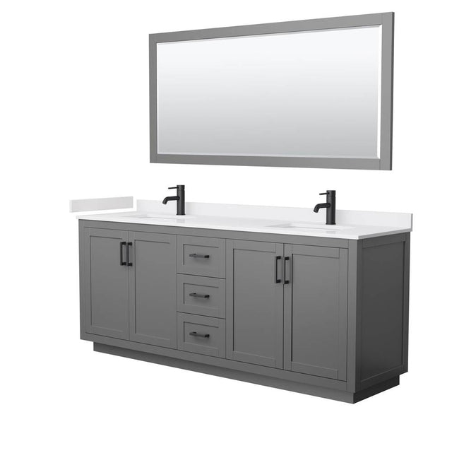 Wyndham Collection - Miranda 80 Inch Double Bathroom Vanity in Dark Gray, White Cultured Marble Countertop, Undermount Square Sinks, Matte Black Trim, 70 Inch Mirror