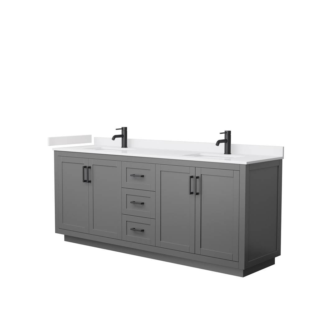Wyndham Collection - Miranda 80 Inch Double Bathroom Vanity in Dark Gray, White Cultured Marble Countertop, Undermount Square Sinks, Matte Black Trim