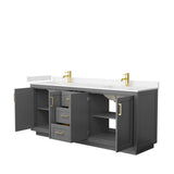 Miranda 80 Inch Double Bathroom Vanity in Dark Gray, Light-Vein Carrara Cultured Marble Countertop, Undermount Square Sinks, Brushed Gold Trim