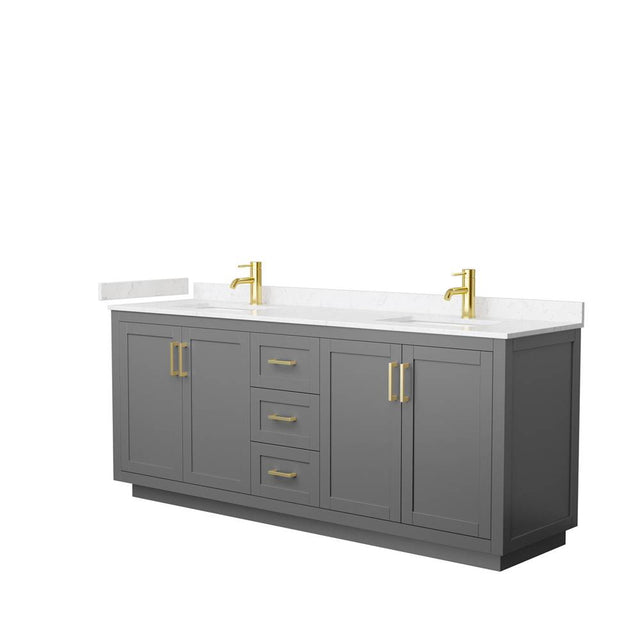 Wyndham Collection - Miranda 80 Inch Double Bathroom Vanity in Dark Gray, Light-Vein Carrara Cultured Marble Countertop, Undermount Square Sinks, Brushed Gold Trim