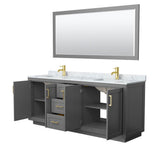 Miranda 80 Inch Double Bathroom Vanity in Dark Gray, White Carrara Marble Countertop, Undermount Square Sinks, Brushed Gold Trim, 70 Inch Mirror