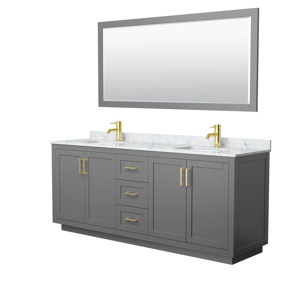 Wyndham Collection - Miranda 80 Inch Double Bathroom Vanity in Dark Gray, White Carrara Marble Countertop, Undermount Square Sinks, Brushed Gold Trim, 70 Inch Mirror