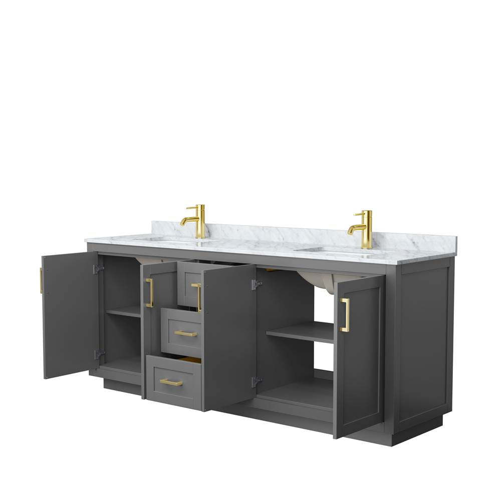 Miranda 80 Inch Double Bathroom Vanity in Dark Gray, White Carrara Marble Countertop, Undermount Square Sinks, Brushed Gold Trim
