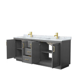 Miranda 80 Inch Double Bathroom Vanity in Dark Gray, White Carrara Marble Countertop, Undermount Square Sinks, Brushed Gold Trim