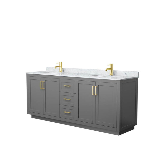 Wyndham Collection - Miranda 80 Inch Double Bathroom Vanity in Dark Gray, White Carrara Marble Countertop, Undermount Square Sinks, Brushed Gold Trim
