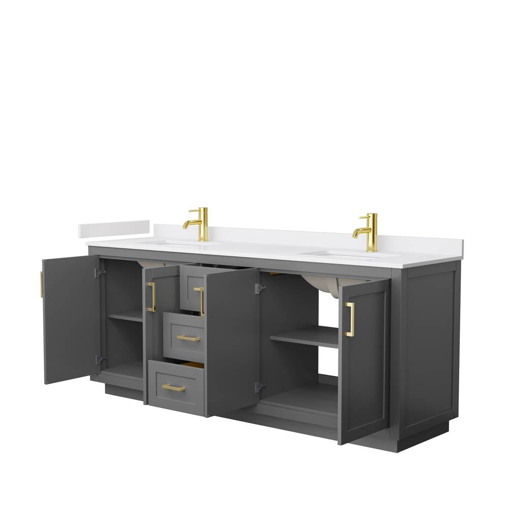 Miranda 80 Inch Double Bathroom Vanity in Dark Gray, White Cultured Marble Countertop, Undermount Square Sinks, Brushed Gold Trim