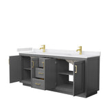 Miranda 80 Inch Double Bathroom Vanity in Dark Gray, White Cultured Marble Countertop, Undermount Square Sinks, Brushed Gold Trim