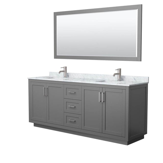 Wyndham Collection - Miranda 80 Inch Double Bathroom Vanity in Dark Gray, White Carrara Marble Countertop, Undermount Square Sinks, Brushed Nickel Trim, 70 Inch Mirror