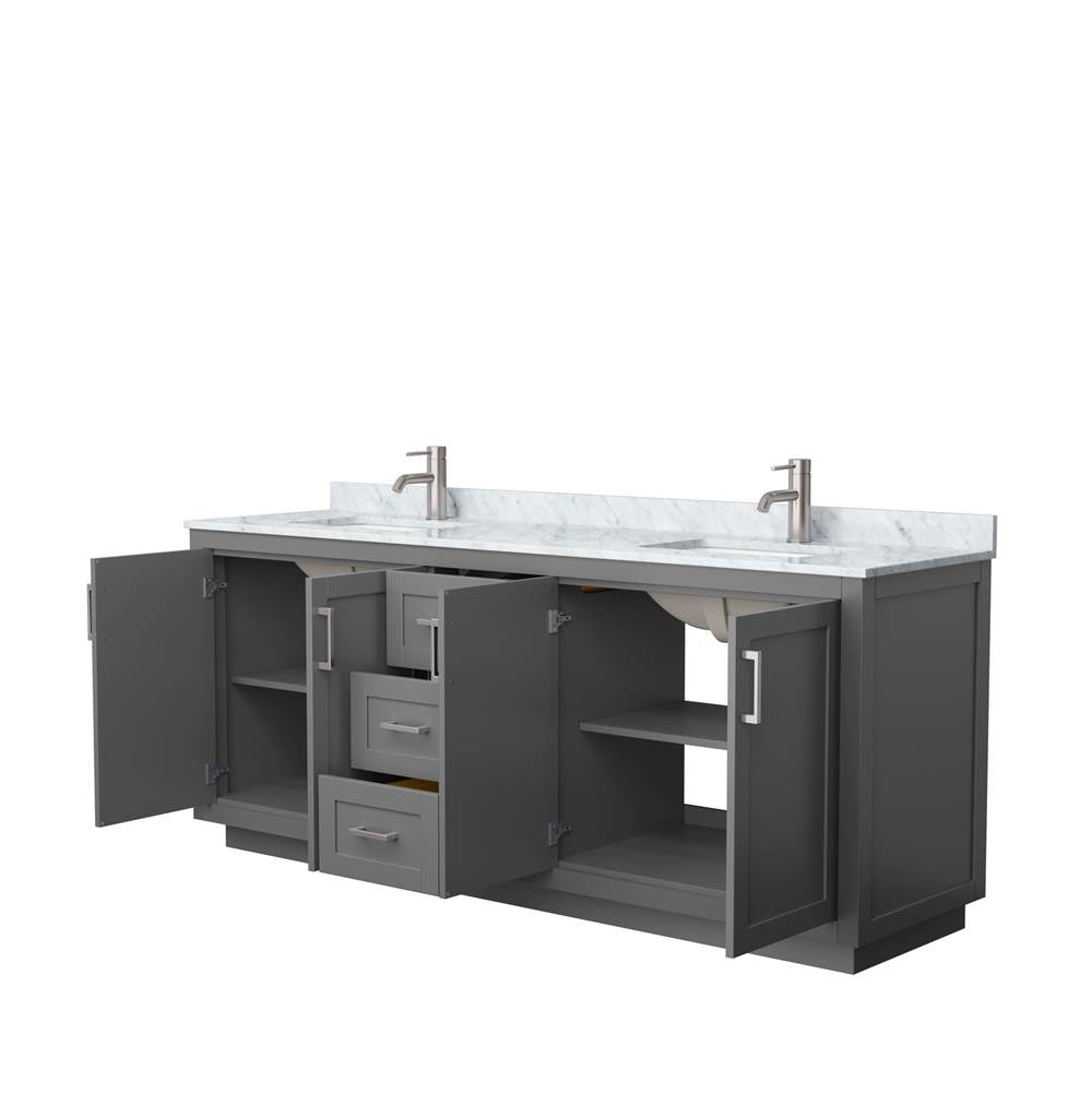 Miranda 80 Inch Double Bathroom Vanity in Dark Gray, White Carrara Marble Countertop, Undermount Square Sinks, Brushed Nickel Trim