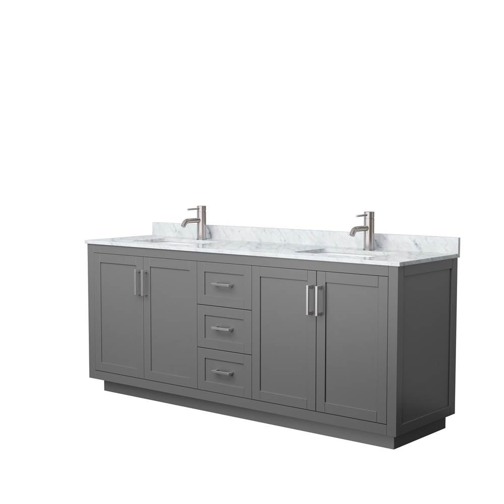 Wyndham Collection - Miranda 80 Inch Double Bathroom Vanity in Dark Gray, White Carrara Marble Countertop, Undermount Square Sinks, Brushed Nickel Trim