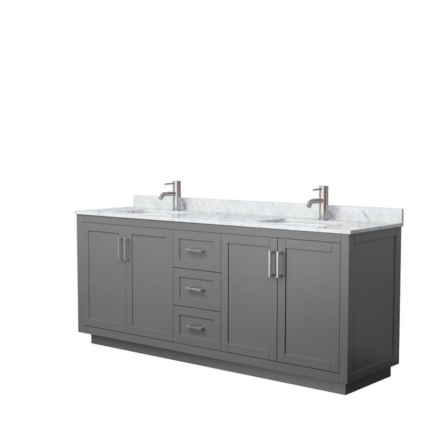 Wyndham Collection - Miranda 80 Inch Double Bathroom Vanity in Dark Gray, White Carrara Marble Countertop, Undermount Square Sinks, Brushed Nickel Trim