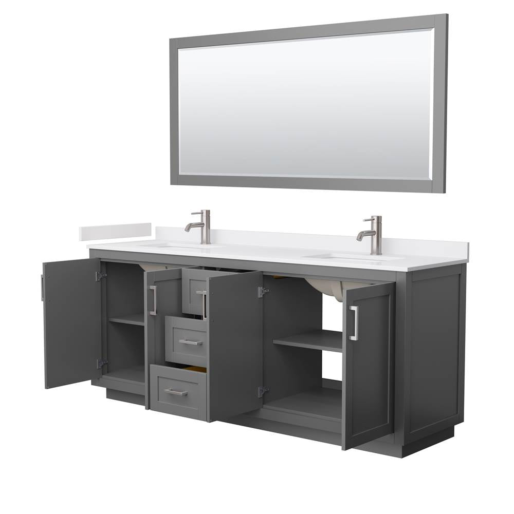 Miranda 80 Inch Double Bathroom Vanity in Dark Gray, White Cultured Marble Countertop, Undermount Square Sinks, Brushed Nickel Trim, 70 Inch Mirror