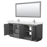 Miranda 80 Inch Double Bathroom Vanity in Dark Gray, White Cultured Marble Countertop, Undermount Square Sinks, Brushed Nickel Trim, 70 Inch Mirror