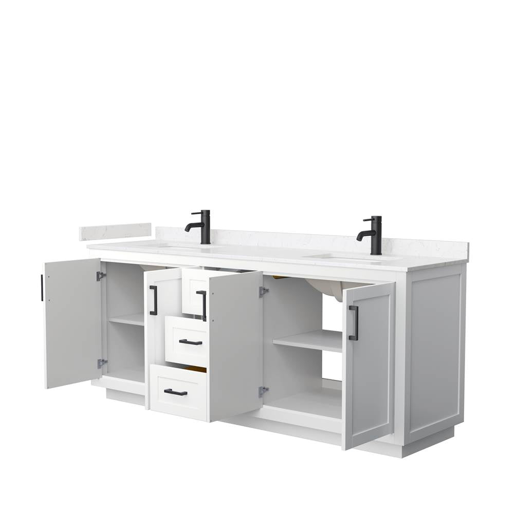 Miranda 80 Inch Double Bathroom Vanity in White, Light-Vein Carrara Cultured Marble Countertop, Undermount Square Sinks, Matte Black Trim