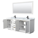 Miranda 80 Inch Double Bathroom Vanity in White, White Carrara Marble Countertop, Undermount Square Sinks, Matte Black Trim, 70 Inch Mirror