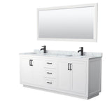 Wyndham Collection - Miranda 80 Inch Double Bathroom Vanity in White, White Carrara Marble Countertop, Undermount Square Sinks, Matte Black Trim, 70 Inch Mirror