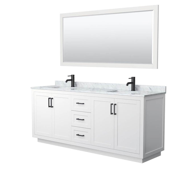 Wyndham Collection - Miranda 80 Inch Double Bathroom Vanity in White, White Carrara Marble Countertop, Undermount Square Sinks, Matte Black Trim, 70 Inch Mirror