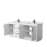 Miranda 80 Inch Double Bathroom Vanity in White, White Carrara Marble Countertop, Undermount Square Sinks, Matte Black Trim